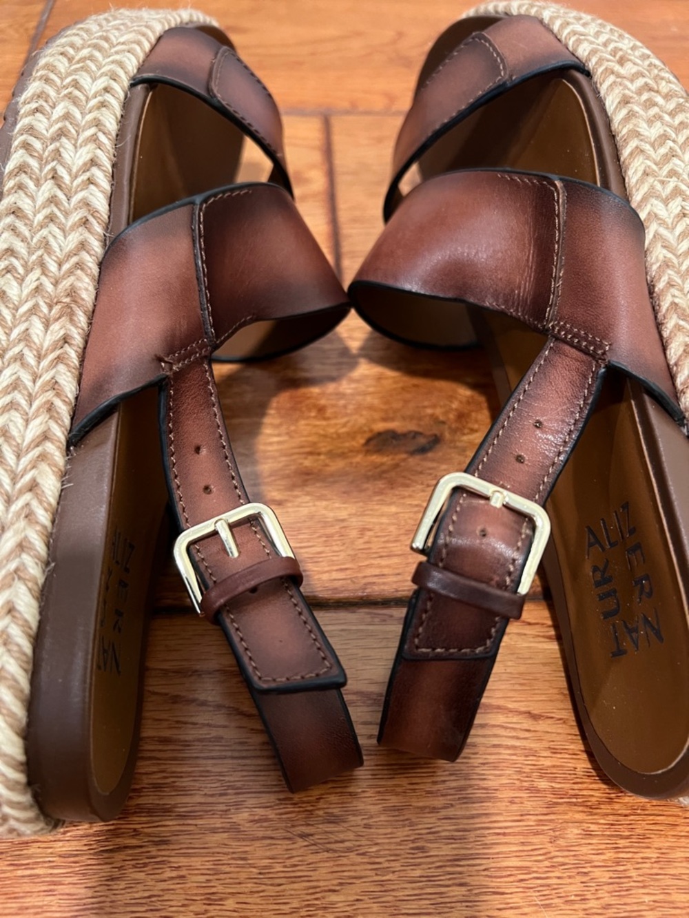 Naturalizer Jasmin Brown Leather Espadrille Platform Wedge Slingback Sandals - Picture 8 of 8